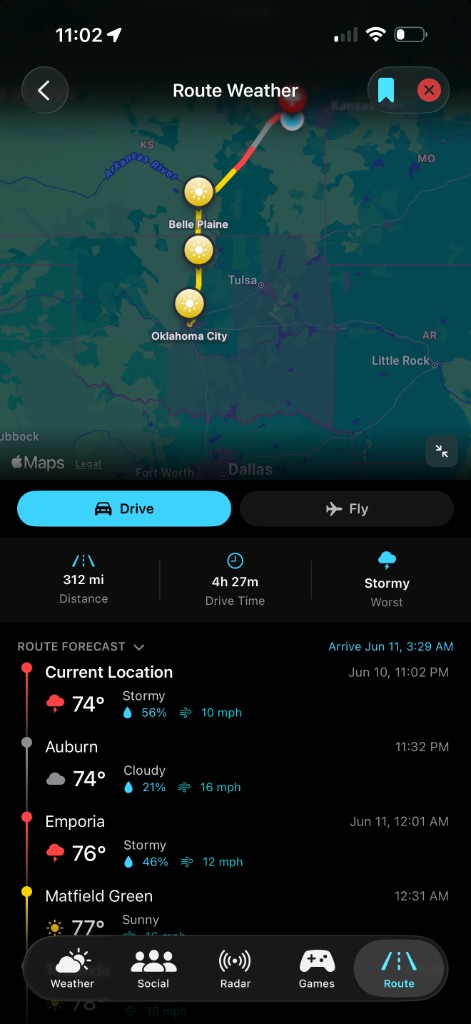 Route weather trip with condition-colored map and waypoint forecasts
