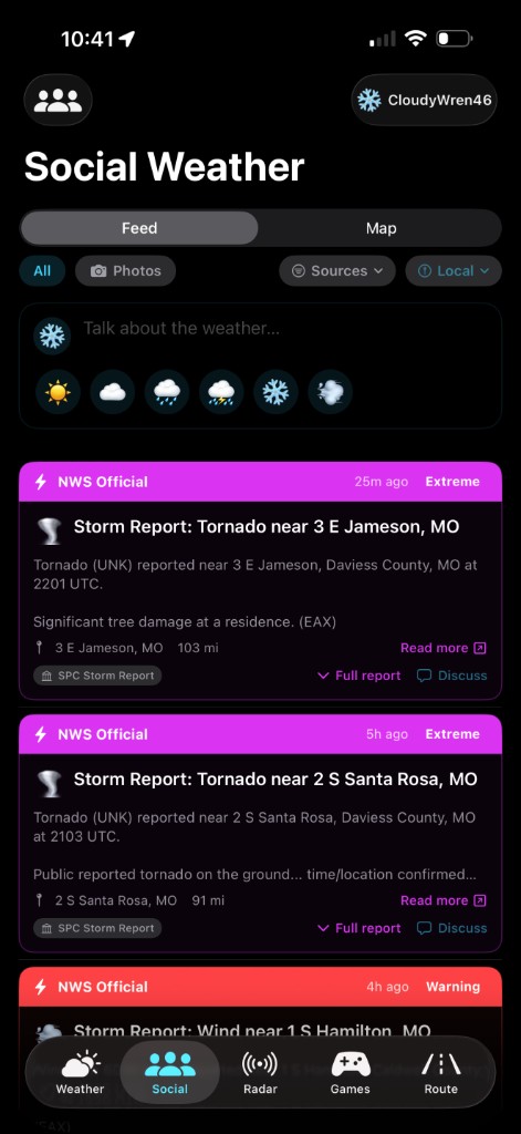 Social weather feed with live tornado storm reports